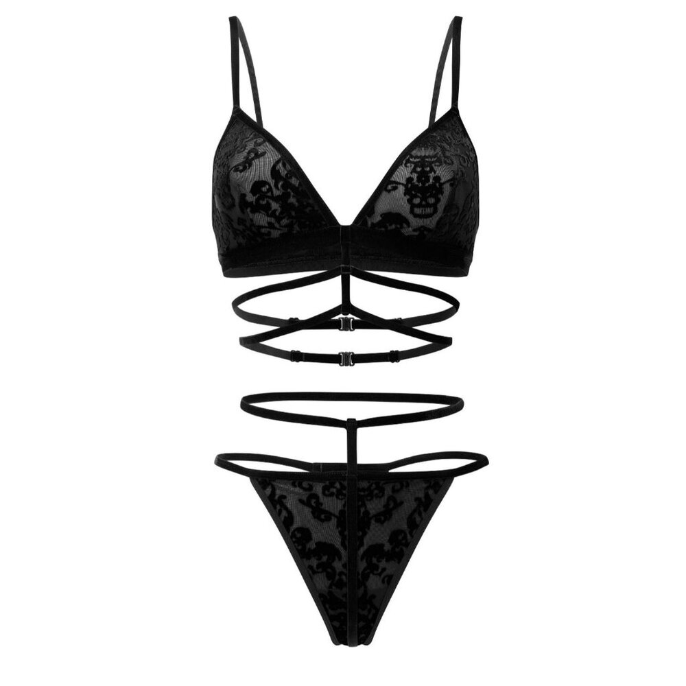 Killstar ✦ Sleepin’ Curse Bra Panty Set ✦ Burnout Velvet Gothic Strappy Black S